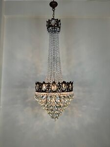 Antique Vintage Huge Long Crystal French Chandelier Lighting Ceiling Fxtr 1950