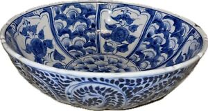 Antique Chinese Porcelain Large Bowl Blue White Fluted Scalloped Rim 9 