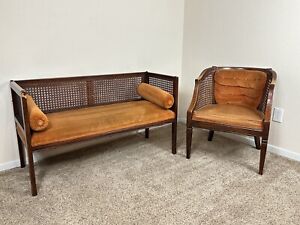 Cane Back Settee And Chair Matching Upholstered Mid Century Pair