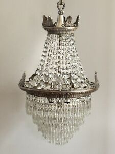 Antique Crystal Wedding Cake Chandelier Basket Lion Electric Silver 1920 S