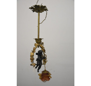 Antique French Bronze Putti Cherub Musician Pendant Lamp Chandelier Rare