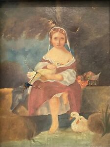  Fine Antique Old 18th C American Folk Art Girl Ducks Portrait Oil Painting