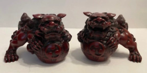 Feng Shui Pair Of Red Fu Foo Dogs Guardian Lion Statue Home Decor 