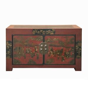Old Oriental Distressed People Graphic Brick Red Low Tv Console Cabinet Cs7759