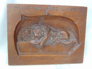 The Lion Of Lucerne Vintage Swiss Carved Wooden Wall Plaque In Relief
