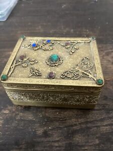 Antique 1920s Empire Art Gold Jeweled Intricate Designed Trinket Box