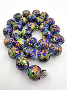 Antique Chinese Export Silver Cloisonn Enamel Koi Fish 15mm Ball Beads Necklace