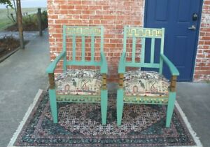 Hollywood Regency Painted Blue Green Pair Of 2 Armchairs Set With Gold Finishing