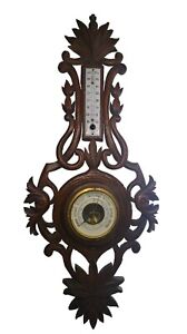 Vintage Antique Wall Wood Carved Black Forest Barometer Thermometer 28 