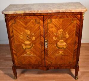 1890s Antique French Louis Xv Walnut Satinwood Inlay Marble Top Liquor Cabinet