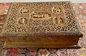 Antq Carved Indian Gilded Persian Sandal Wood Dowry Travel Box Casket Rare Hindu