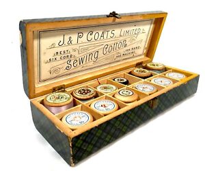 Antique Wooden J P Coats Sewing Spool Box Green Blue Tartan Ware Cotton Reel
