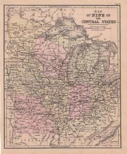 1886 Antique Warren S School Atlas Map Of Central States Michigan Wisonsin Il