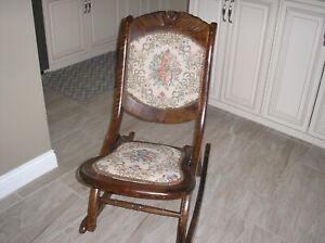 Vintage Antique Victorian Tapestry Carved Wood Folding Rocking Chair