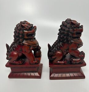 Chinese Statue Pair Feng Shui Fu Foo Dogs Bookends Asian Red See Photos 