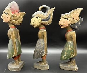 3 Old Handcarved Wooden Oriental Asian Sculptures Statues Hand Painted Bali Set