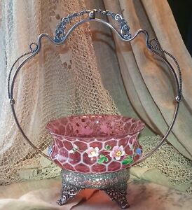 Antique Silver Plate Brides Basket Ruby Honeycomb Glass Painted Flowers