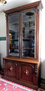 Walnut Victorian Stepback Bookcase Cabinet