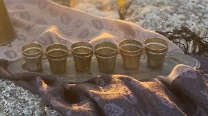 Antique Brass Persian Middle East Liquor Liquer Tea Set 7 Pieces