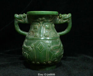 Old Chinese Natural Green Jade Carving Dragon Beast Crock Bottle Vase Statue