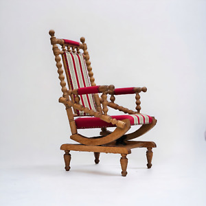 1970s Danish Highback Rocking Chair Oak Wood Furniture Wool Original 