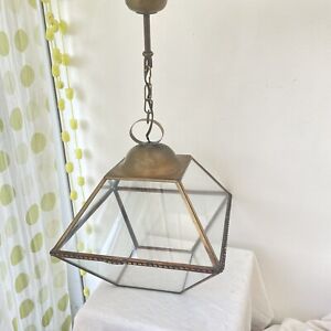 French Lantern Pendant Ceiling Light Fixture Brass Glass Gold Vintage Geometric