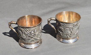 Antique Chinese Export Silver Two Tea Or Coffee Cup Dragon