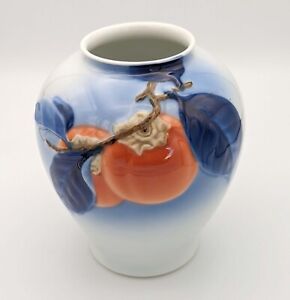 Vintage 1963 Fukagawa Porcelain Vase Hand Painted Persimmon Blue Leaves 6 25 