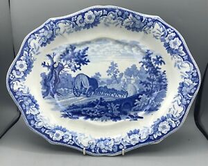 Antique Pottery Pearlware Blue Transfer Platter Tray Ridgway Rural Scenery