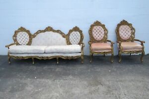 French Heavy Carved Painted Antique Gold Long Sofa Couch And Pair Of Chairs 2455