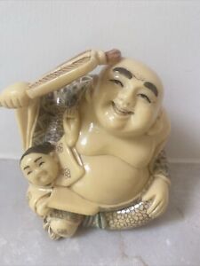 Vintage Japanese Happy Buddha With Child Netsuke Carving Signed Statue