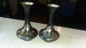 Vintage Pair Japanese Mixed Metal Etched Gold Silver Brass Bronze Mt Fuji Vases