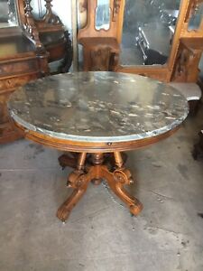 Antique 1860s Renaissance Revival Oval Walnut Table With Gray Marble Top Nice 
