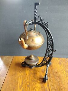 Unique Copper Tea Kettle Burner Iron Stand Tea O Clock 18 5 High Antique