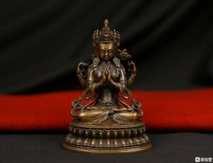 Old Tibetan Brass Buddha Figure Four Arm Guanyin