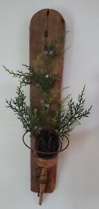 Early Primitive Hanging Wooden Brush Holder With Antique Paint Brush