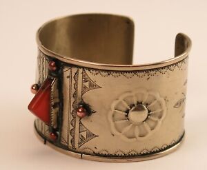 North Africa Signed Tuareg Coin Silver And Carnelian Tanfouk Cuff Bracelet 
