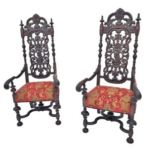 Pair Spanish Renaissance Revival Style Carved Throne High Back Arm Chairs 1920s