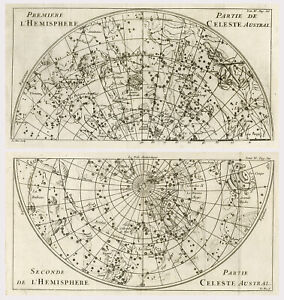 2 Antique Maps Celestial Charts With The Zodiac Astronomy Le Bas Pluche Ca 1750