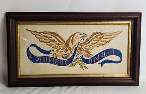 E Pluribus Unum Cross Stitch Needlepoint Antique Walnut Frame Eagle C 1800 S