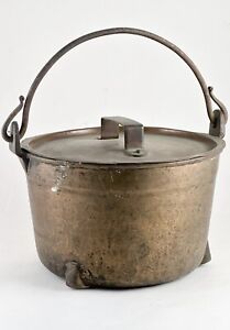 Antique Solid Brass Cauldron Wrought Iron Handle Tinned Copper Lid