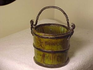Antique Wooden Berry Pail Bucket With Iron Handle 5 Old Blue Under Varnish