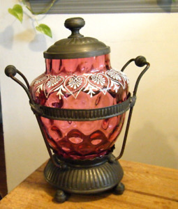 Antique Aesthetic Benjamin J Mayo Silverplate Cookie Jar Mounted Cranberry Glass