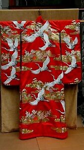 Antique Japanese Silk Embroidered Gold Stich Wedding Kimono W Flowers 20 Cranes