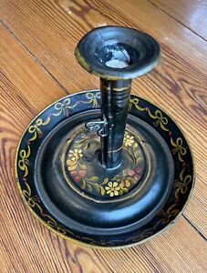 1800s Antique Early Metal Tin Toleware Pushup Candleholder Chamber Tray 7 X7 