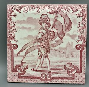  Rare French Art Nouveau Tile Nobleman With Sword In The Background Of Castle