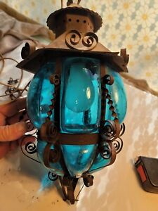 Rare Antique Vintage Wrought Iron Hand Blown Blue Glass Chandelier Lamp 14 X 8 