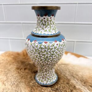 Vintage Chinese White Blue Cloisonn Bud Vase 7 Floral Vines Cloud Design