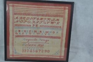Antique Sampler Framed Date 1891 Cross Stitch Signed Red White Blue Original