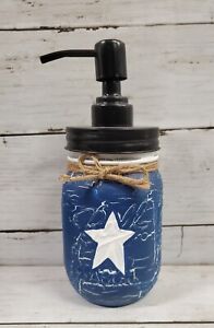 Primitive Crackle Navy Blue White Star Mason Jar Soap Dispenser Choice Top